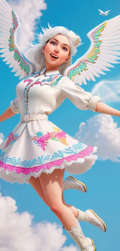 A white-haired angel in a sky with clouds and wings, wearing a colorful dress.