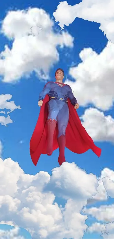 Superhero soaring through a bright blue sky with clouds, in a dynamic wallpaper.