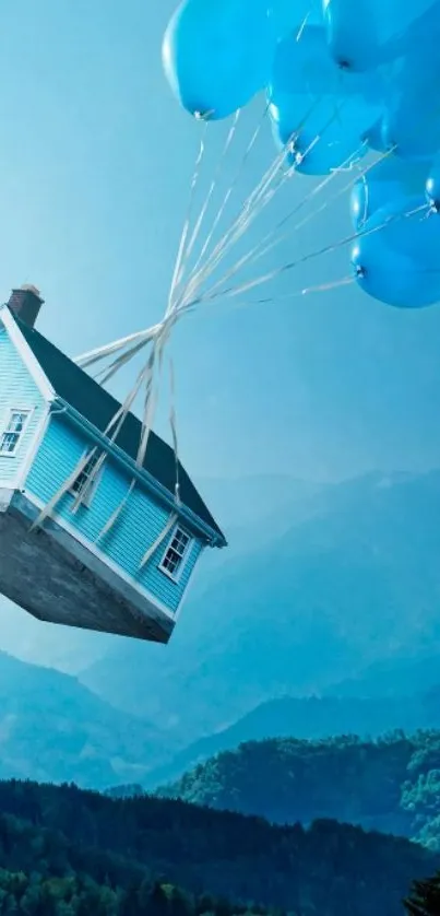 Whimsical wallpaper of a house flying with balloons over mountains.