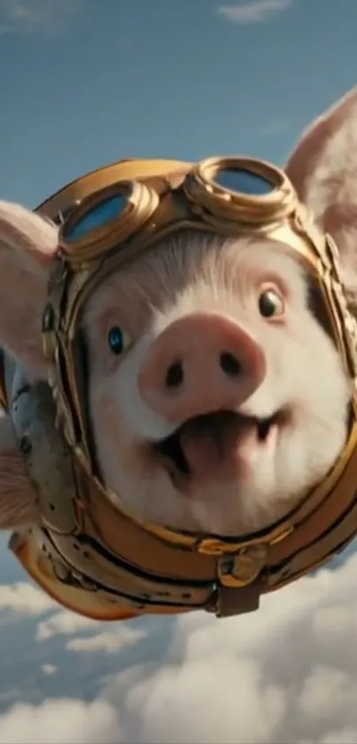 Flying pig wearing aviator goggles in the sky.
