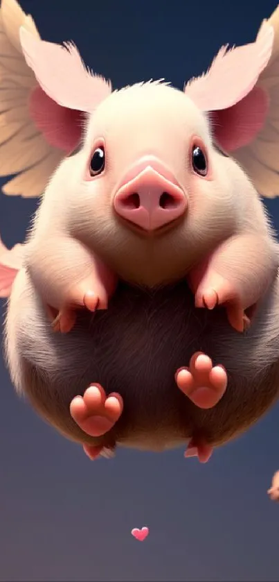 Adorable flying pig with wings in a fantasy scene, perfect as mobile wallpaper.