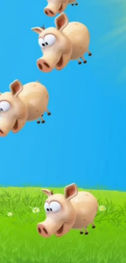 Cartoon wallpaper of flying pigs in a bright blue sky.