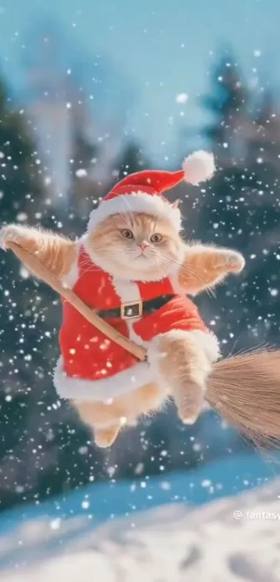 Cat in Santa suit flies through snow