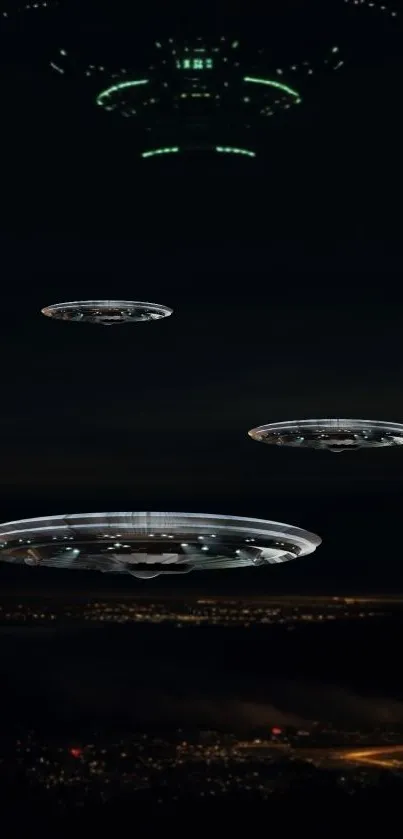 UFOs hover in a dark sky above city lights, creating a sci-fi ambience.