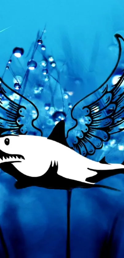 Blue fantasy wallpaper with a flying shark.