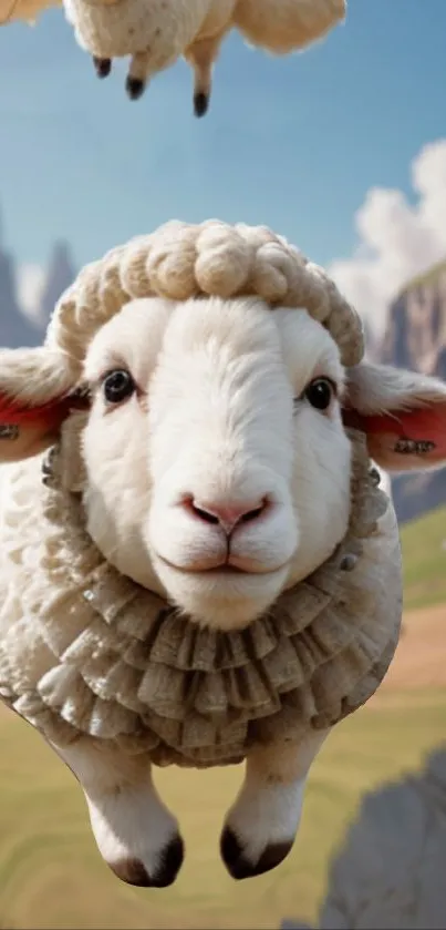 Floating sheep over scenic landscape with blue sky and mountains.