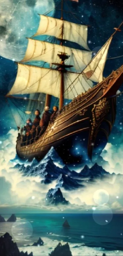 Fantasy wallpaper with flying ship over moonlit ocean.