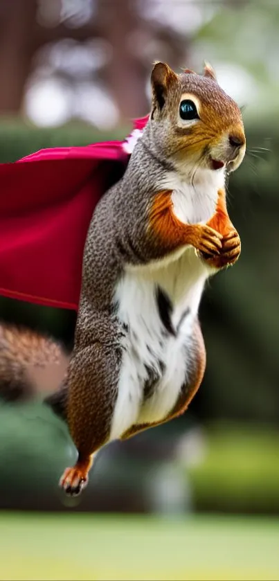 A playful squirrel in a red cape flying through a lush, green background.