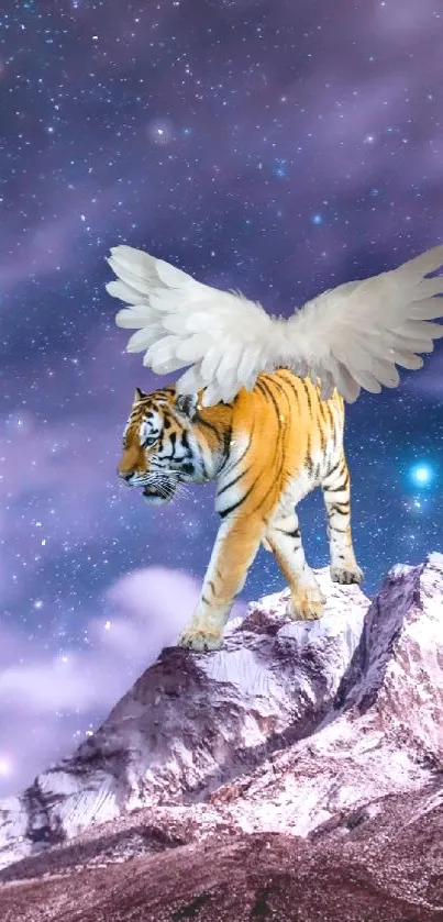 Winged tiger on mountain under starry sky.