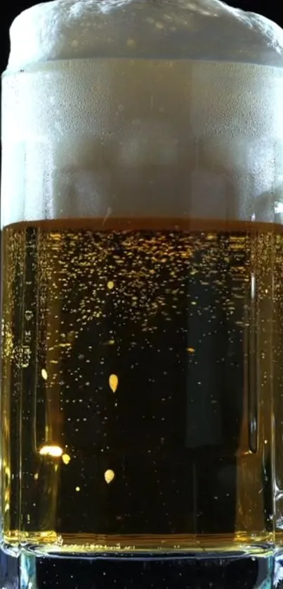 Foamy beer mug with a rich amber color against a dark background.