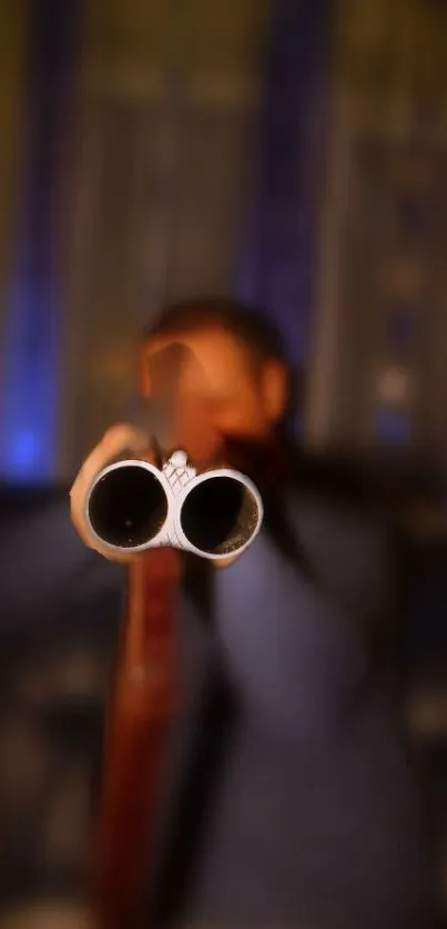 Blurry view down the barrel of a shotgun with dark blue tones.