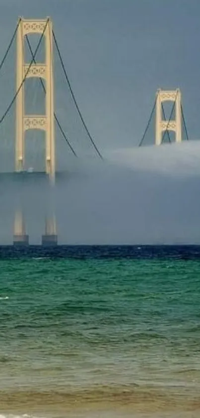 Foggy bridge over blue sea in mobile wallpaper.