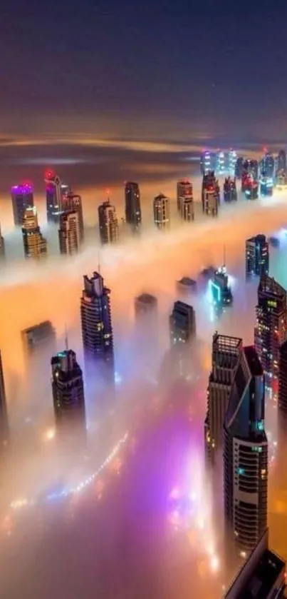 Foggy cityscape at night with colorful skyscraper lights.