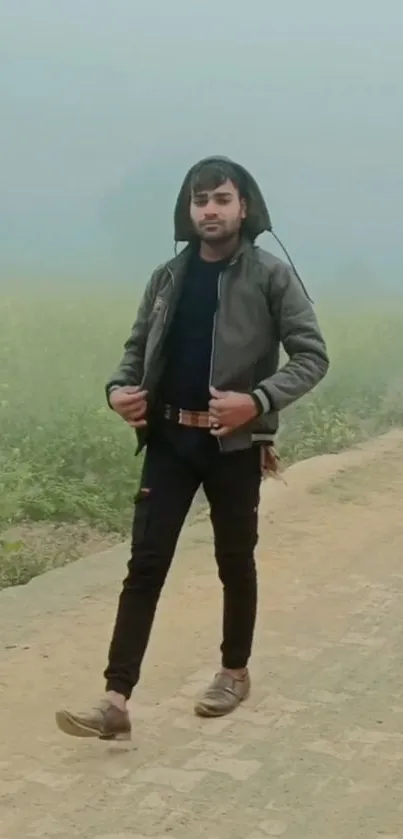 Man walking on foggy rural path in nature.