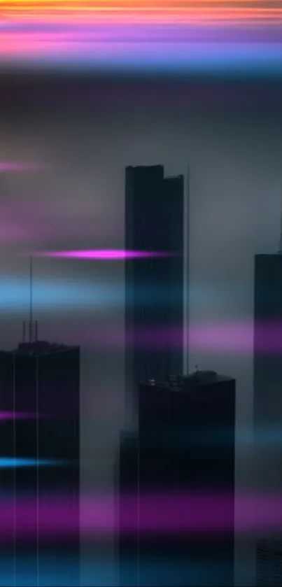 Foggy city skyline at sunrise with dark silhouettes.