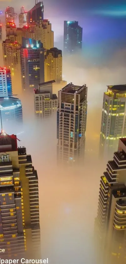 Foggy city skyline with skyscrapers and vibrant lights at dusk.