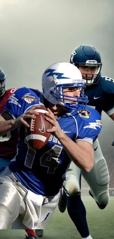 Intense action with American football players in vibrant uniforms on the field.