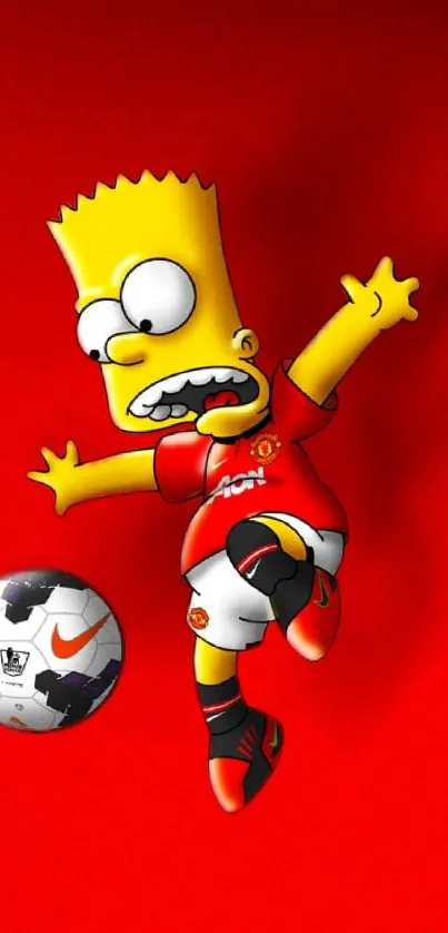 Cartoon character in red jersey kicks a soccer ball on vibrant red background.