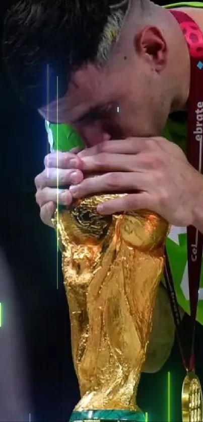 Player kissing golden trophy in celebration.