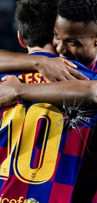 Football players celebrating in vibrant jerseys with a cracked effect.