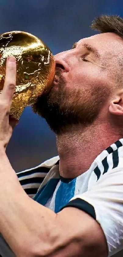 Football champion kisses gold trophy with joy.