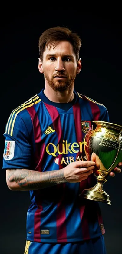 Football player holding a trophy against a dark background.