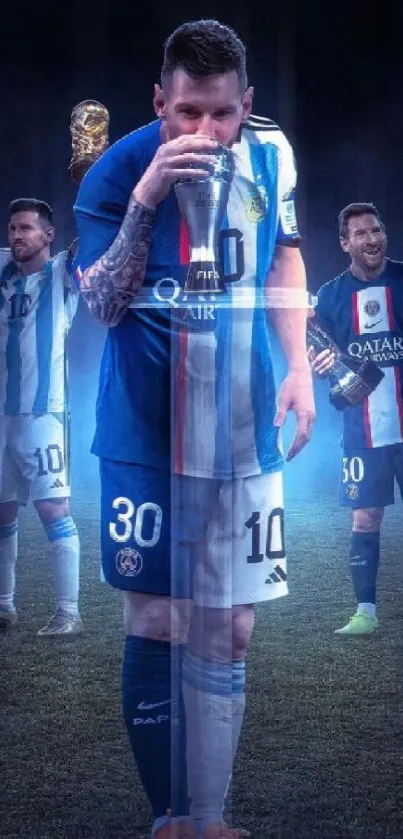 Football legend holding trophy, iconic moments.