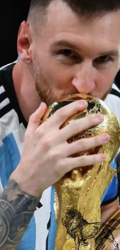 Football player kissing the trophy in pride.