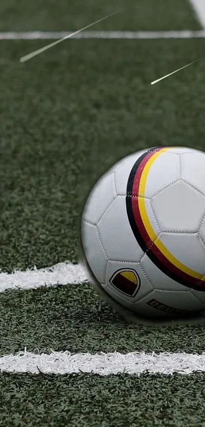 Football on a green field with white lines, perfect for sports lovers.