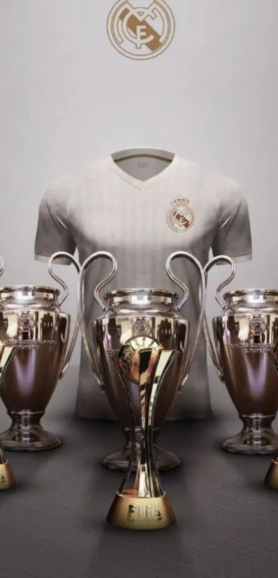 Football jersey with multiple golden trophies on display.