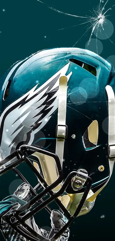 Teal football helmet with cracked glass effect on dark background.