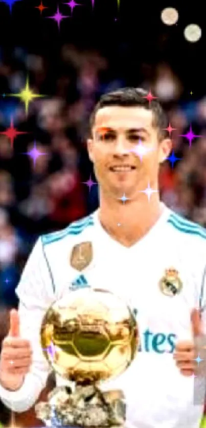 Football icon with multiple golden trophies on display.