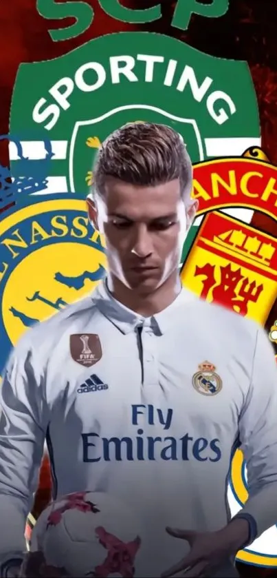 Football player with various club logos background.