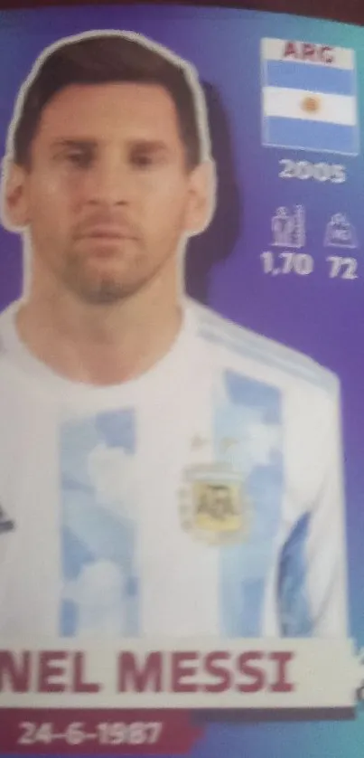 Collector card of famous football player in Argentina jersey with vibrant colors.