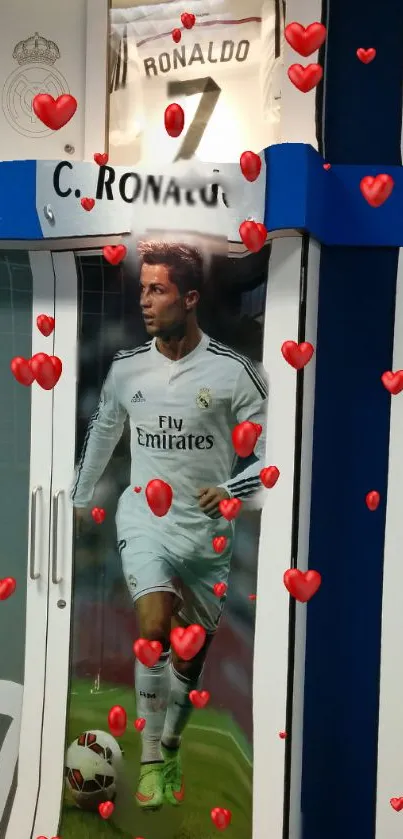 Football legend locker wallpaper with red hearts.