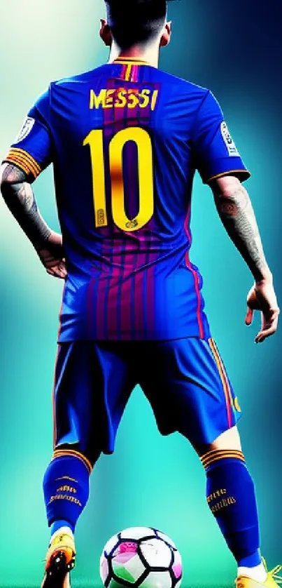 Famous football player in dynamic sports pose on mobile wallpaper.