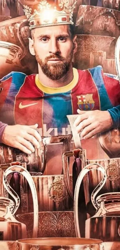 Legendary footballer surrounded by trophies.