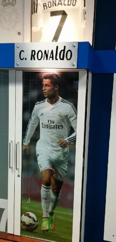 Locker room wallpaper with football player and blue stripes.
