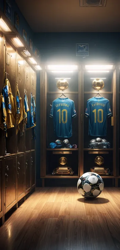 Football locker room with jerseys, trophies, and a ball displayed.