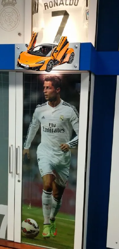 Football themed locker room design with jersey display.