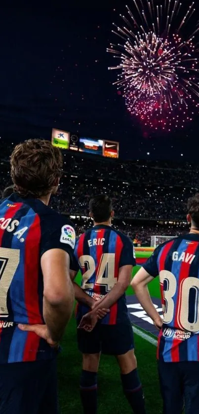 Football players standing in stadium with fireworks display.