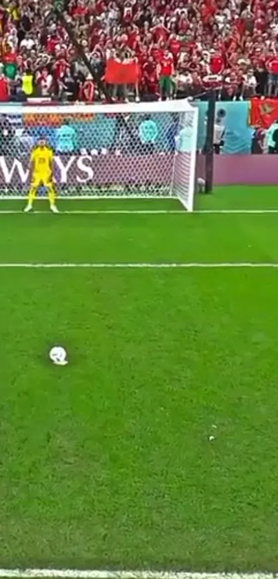 Football player preparing a penalty kick in a crowded stadium.