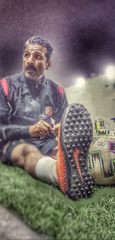 Football player resting with ball on field.