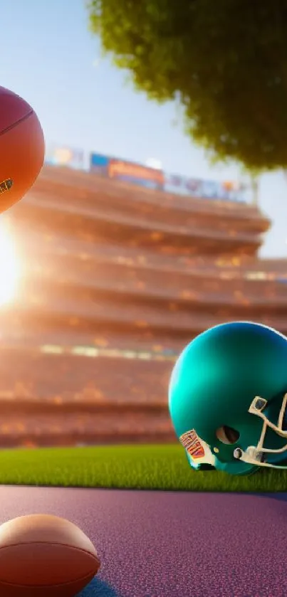 Football helmet and ball on a sunlit field with stadium background.