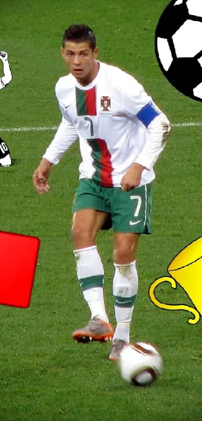 Football player with soccer elements on a green field wallpaper.