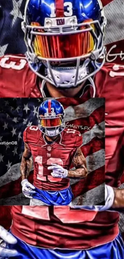 Football player in red jersey with helmet and American flag background.