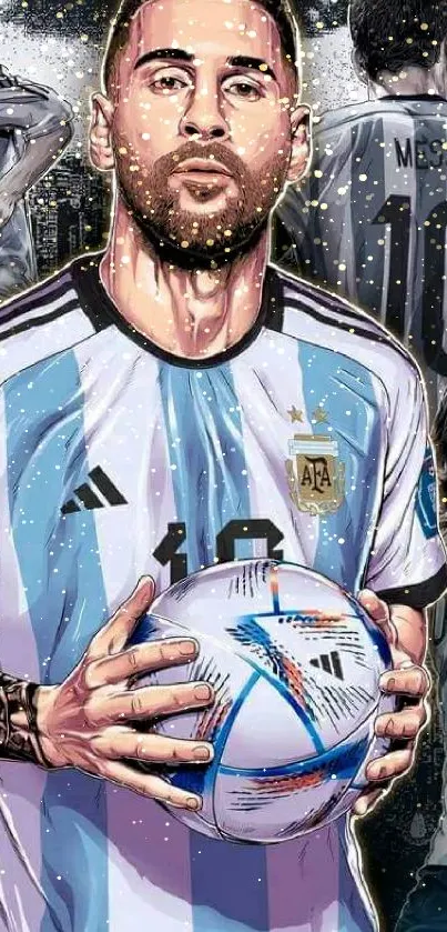 Illustrated football star in Argentina jersey holding a ball.