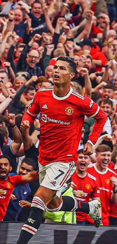 Football star in red jersey celebrates goal with cheering crowd.