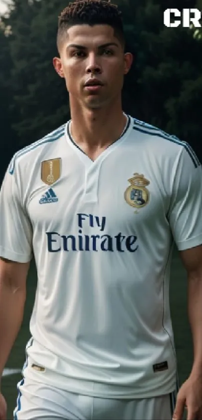 Football star in a white jersey on a lush green field.