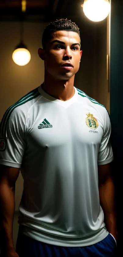 Football player in a lit corridor wearing a team jersey.